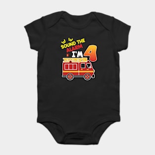 Sound the Alarm I'm 4th Birthday Boy Fire Truck B-day Gift For Kids toddlers Baby Bodysuit